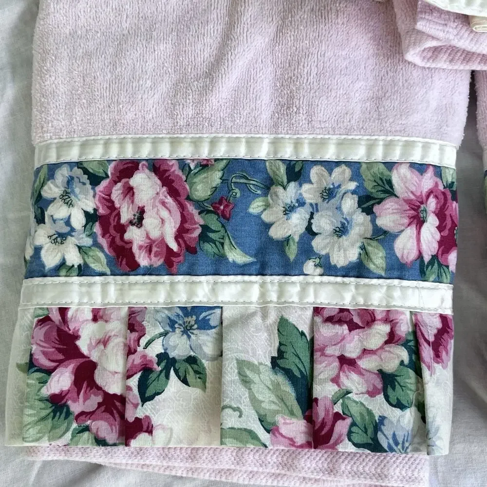Vintage R A Briggs 5pc Towel Set Pink Botanical Floral Pleated Ruffle USA READ